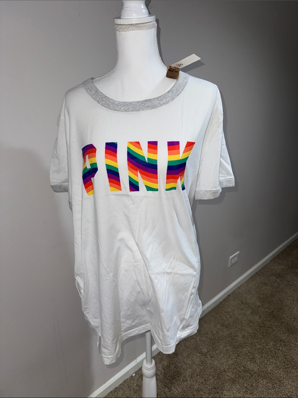 PINK Victoria's Secret White Tee with Rainbow Logo and Grey Trim